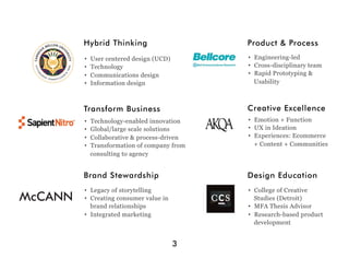 Hybrid Thinking                       Product & Process
•    User centered design (UCD)       •  Engineering-led
•    Technology                       •  Cross-disciplinary team
•    Communications design            •  Rapid Prototyping &
•    Information design                  Usability



Transform Business                    Creative Excellence
•    Technology-enabled innovation    •  Emotion + Function
•    Global/large scale solutions     •  UX in Ideation
•    Collaborative & process-driven   •  Experiences: Ecommerce
•    Transformation of company from      + Content + Communities
     consulting to agency


Brand Stewardship                     Design Education
•  Legacy of storytelling             •  College of Creative
•  Creating consumer value in            Studies (Detroit)
   brand relationships                •  MFA Thesis Advisor
•  Integrated marketing               •  Research-based product
                                         development


                                  3
 