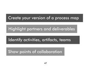 Who are you presenting t?
 A
Create your version of a process map
Audience




Highlight partners and deliverables

Identify activities, artifacts, teams

Show points of collaboration

                     47
 