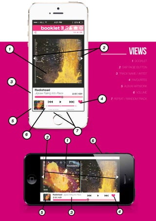 1
2
35
6
4
1 2
3
4
5
6
7
1. Booklet
2. skip pagie button
3. track name / artist
4. favourites
5. album artwork
6. volume
7. repeat / Random track
views
 