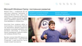 Microsoft Windows Camp: постоянное развитие
Windows Camp — конференция для раз-
работчиков мобильных приложений на
платформе Windows Phone. Здесь подни-
мались вопросы возможностей мобильной
платформы и создания приложений, эффек-
тивного продвижения сервисов в Windows
Phone Marketplace и в  Windows Store.
Агентством была проделана работа по
логистическому и техническому обеспече-
нию мероприятия, брендингу раздаточных
материалов, организации креативного инте-
рактивного фотостенда, в буквальном
смысле показывающего юзабилити мобиль-
ной платформы Windows Phone.
Выставку посетило более 600 ведущих рос-
сийских разработчиков и представителей
IT-индустрии, а яркий фотоотчет быстро
покорил интернет-пространство.
Разработка креативной концепции
Организация интерактивных зон
Брендинг мероприятия
Менеджмент мероприятия
 