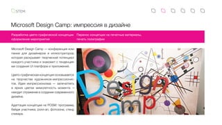 Microsoft Design Camp: импрессия в дизайне
Microsoft Design Camp — конференция ком-
пании для дизайнеров и иллюстраторов,
которая раскрывает творческий потенциал
каждого участника и знакомит с тенденция-
ми создания UI платформ и приложений.
Цвето-графическая концепция основывается
на творчестве художников-импрессионис-
тов. Идея импрессионизма — запечатлеть
в  ярких цветах мимолетность момента  —
находит отражение в создании современного
дизайна.
Адаптация концепции на POSM: программа,
бейдж участника, ролл-ап, фотозона, стенд
спикера.
Перенос концепции на печатные материалы,
печать полиграфии
Разработка цвето-графической концепции
оформления мероприятия
 