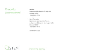Москва
Всеволожский переулок, 5, офис 304
Россия, 119034
+7 (495) 604-11-78
Санкт-Петербург
Креативное пространство «Ткачи»,
набережная Обводного канала, дом №60,
Россия, 192007
+7 (812) 334-98-92
sales@stem-a.com
Спасибо
за внимание!
 