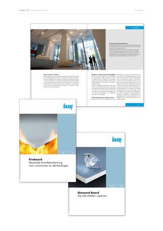 Studio T77 Ontwerp & Concept                                                                                                                                                                                                Drukwerk




                                                                                                                                                                                                                     Knauf Fireboard




                                                                                                                                                            Fireboard voorkomt branddoorslag
                                                                                                                                                            Voor brandveilige compartimenten en schachten biedt Fireboard de meest
                                                                                                                                                            brandveilige oplossing. Het is een relatief lichte plaat die zich eenvoudig
                                                                                                                                                            laat verwerken in wanden en plafonds.
                                                                                                                                                            Fireboard kan gebogen worden voor ronde of holle toepassing en kan
                                                                                                                                                            op vele manieren worden afgewerkt tot een fraaie wand. Ten behoeve
                                                                                                                                                            van brandwerendheid hoeven de niet in het zicht zijnde naden tussen
                                                                                                                                                            Fireboard-platen niet te worden gevoegd of dichtgesmeerd. Ook voor de
                                                                                                                                                            scheepsbouw is Fireboard gecertificeerd onder nummer 107.052.




                       Knauf, uw partner in afbouw                                                                Elk gebouw verdient maximale brandveiligheid                 of hele gebouwen kunnen instorten. Volgens het Bouw-
                       Knauf is een producent van innoverende afbouwmaterialen, systemen en gereedschap           De eisen die worden gesteld aan de brandveiligheid           besluit moeten alle hoofddraagconstructies bij brand
                       die hun veelzijdige toepassing vinden in de nieuwbouw, renovatie en restauratie.           van bouwmaterialen worden steeds hoger. Daarom               tussen de 30 tot 120 minuten intact blijven. Bij elke brand
                       Met productievestigingen over de gehele wereld levert Knauf complete oplossingen           ontwikkelde Knauf de Fireboard. Een onbrandbare              kunnen de temperaturen oplopen tot 1000 graden
                       voor wanden, plafonds en vloeren van hoogstaande kwaliteit. Een perfecte afwerking         gipsplaat met glasvezel. De Fireboard voldoet aan de         Celsius en hier is staal niet tegen bestand. Een omman-
                       en de eenvoudige montage van systemen van Knauf staan garant voor een prachtig             hoogste klasse (A1) van de Europese Euro-brandklassen        teling van stalen kolommen, liggers, spanten en wind-
                       bouwresultaat dat voldoet aan alle technische voorschriften en architectonische            volgens EN 13501.                                            verbanden is dus absoluut noodzakelijk om instorting of
                       wensen. Knauf is een veelzijdige partner die graag met u meedenkt over betere              Fireboard is langdurig aan brandproeven onder worpen         brandoverslag te voorkomen. Met Knauf Fireboard wordt
                       resultaten en het totale afbouwproces.                                                     en is vier uur bestand tegen de grootste hitte. De meeste    op zeer economische wijze op elke niveauhoogte en op
                                                                                                                  plaatmaterialen worden getest tot een brandwerendheid        alle kritieke plaatsen van een gebouw een maximale
                                                                                                                  van 120 tot 180 minuten. Met 240 minuten brand-              brandwerendheid van 4 uur bereikt. Daarmee wordt de
                                                                                                                  werendheid zet Knauf Fireboard een belangrijke stap          brandveiligheid van een gebouw en belendende perce-
                                                                                                                  naar maximale brandveiligheid voor utiliteitsbouw,           len aanzienlijk verhoogd. De vereiste plaatdikte van
                                                                                                                  industriebouw en woningbouw.                                 Fireboard is afhankelijk van de benodigde brand-
                                                                                                                                                                               werendheidsduur, de kritieke staaltemperatuur en de
                                                                                                                  Betere bescherming voor draagconstructies                    profielfactor van het constructiedeel. Fireboard wordt in
                                                                                                                  Bij grote hitte verliest staal zijn sterkte waardoor daken   vijf diktes geleverd.




                                                                                                                                                                                                                                  2_3




                                                                 Fireboard             02/2009




         Fireboard
         Maximale brandbescherming
         voor constructies en afscheidingen




                                                                                                                                                             Diamond Board             09/2008




                                                                                                      Diamond Board
                                                                                                      Op alle vlakken superieur
 