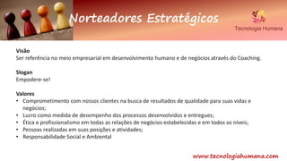 Norteadores Estratégicos
www.tecnologiahumana.com
Visão
Ser referência no meio empresarial em desenvolvimento humano e de negócios através do Coaching.
Slogan
Empodere-se!
Valores
• Comprometimento com nossos clientes na busca de resultados de qualidade para suas vidas e
negócios;
• Lucro como medida de desempenho dos processos desenvolvidos e entregues;
• Ética e profissionalismo em todas as relações de negócios estabelecidas e em todos os níveis;
• Pessoas realizadas em suas posições e atividades;
• Responsabilidade Social e Ambiental
 