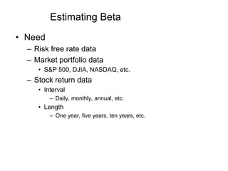 Estimating Beta
• Need
– Risk free rate data
– Market portfolio data
• S&P 500, DJIA, NASDAQ, etc.
– Stock return data
• Interval
– Daily, monthly, annual, etc.
• Length
– One year, five years, ten years, etc.
 