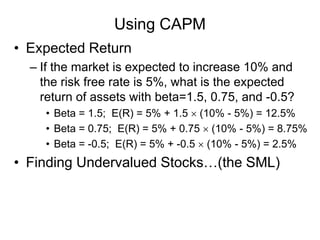Using CAPM
• Expected Return
– If the market is expected to increase 10% and
the risk free rate is 5%, what is the expected
return of assets with beta=1.5, 0.75, and -0.5?
• Beta = 1.5; E(R) = 5% + 1.5 × (10% - 5%) = 12.5%
• Beta = 0.75; E(R) = 5% + 0.75 × (10% - 5%) = 8.75%
• Beta = -0.5; E(R) = 5% + -0.5 × (10% - 5%) = 2.5%
• Finding Undervalued Stocks…(the SML)
 