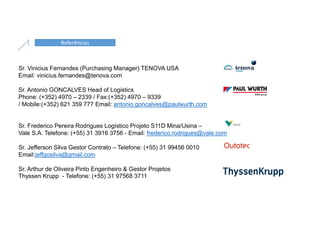 Sr. Vinicius Fernandes (Purchasing Manager) TENOVA USA
Email: vinicius.fernandes@tenova.com
Sr. Antonio GONCALVES Head of Logistics
Phone: (+352) 4970 – 2339 / Fax:(+352) 4970 – 9339
/ Mobile:(+352) 621 359 777 Email: antonio.goncalves@paulwurth.com
Sr. Frederico Pereira Rodrigues Logístico Projeto S11D Mina/Usina –
Vale S.A. Telefone: (+55) 31 3916 3756 - Email: frederico.rodrigues@vale.com
Sr. Jefferson Silva Gestor Contrato – Telefone: (+55) 31 99456 0010
Email:jeffgosilva@gmail.com
Sr. Arthur de Oliveira Pinto Engenheiro & Gestor Projetos
Thyssen Krupp - Telefone: (+55) 31 97568 3711
Referências
 