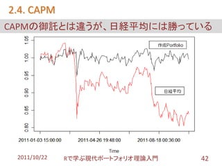 2.4. CAPM
CAPMの御託とは違うが、日経平均には勝っている




 2011/10/22   Rで学ぶ現代ポートフォリオ理論入門   42
 