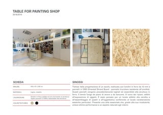 SCHEDA
MISURE:
MATERIALI:
LAVORAZIONE:
COLORI/TEXTURES:
SINOSSI
Trattasi della progettazione di un tavolo, realizzato con tondini in ferro da 10 mm e
pannelli in OSB (Oriented Strand Board - pannello truciolare resistente all’umidità).
Questi pannelli vengono precedentemente tagliati ed assemblati alla struttura in
ferro. Il tavolo funge da piano di lavoro e da bancone. Vi sono dei ripiani, adibiti
all’esposizione di oggetti. È stato pensato per un locale adibito alla vendita e
all’assemblaggio di quadri e all’oggettistica conferendo al locale caratteristiche
estetiche particolari. Presenta uno stile essenziale che, grazie alla sua modularità,
unisce ottime performance e un aspetto naturale agli interni.
TABLE FOR PAINTING SHOP
2018/2019
243 x 91 x 80 cm
Legno, metallo
Tondini in ferro saldati tra loro formando la struttura;
Taglio pannelli in OSB e assemblati alla struttura.
 