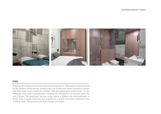 ENG
INTERIOR DESIGN THESIS
Planning of a home environment inside an old soap factory. The project is characterized
by the partition of the spaces, thanks to the use of Okoumé marine multilayer panels,
that they create cubes inside the building. With the appearance of the Covid - 19, the
dwellings have been revolutionized including the introduction of a studio zone, the
use of green. The apartment has two living rooms, a kitchen, the main bathroom, a
studio zone, a master bedroom with a bathroom, a guest room with a bathroom, and
a child’s room. The furniture has been chosen accurately.
 