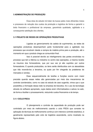 5
3 ADMINISTRAÇÃO DE PRODUÇÃO
Essa área do estudo irá tratar da busca pelos mais eficientes meios
e processos de redução dos custos da produção e logística de forma a garantir o
êxito financeiro e profissional da empresa, garantindo qualidade, agilidade e a
consequente satisfação dos clientes.
3.1 PROJETO DE REDES DE OPERAÇÕES PRODUTIVAS
Ligadas ao gerenciamento da cadeia de suprimentos, as redes de
operações produtivas desempenham parte fundamental para a agilidade nos
processos que envolvem desde a compra de matéria prima para a produção, até o
momento em que o produto chega ao consumidor final.
Isso é possível devido ao interligamento das partes envolvidas no
processo que tem a fábrica ou indústria no centro das operações, a mesma recebe
os insumos dos fornecedores, que por sua vez já são supridos por outros
fornecedores. E quando produzidos, os itens serão distribuídos com os atacadistas
que irão revende-los a terceiros, os quais por fim chegarão às prateleiras de
mercados e vendas.
Esse sequencialmente de tarefas e funções ocorre com maior
precisão quando essas redes são gerenciadas por meio dos mecanismos de
controle coordenados, como no caso do estudo de caso sugerido, vimos que o que
possibilitou a formação dessa rede na empresa de biscoitos, foi o uso da tecnologia
através do software apropriado, cujos dados eram informatizados e salvos na web,
de forma a facilitar o processamento, reduzindo custos financeiros e de tempo.
3.1.1 CICLO PDCA
O planejamento e controle da capacidade de produção pode ser
controlado por meio de melhoramento usando o ciclo PDCA que consiste na
aplicação de técnicas de melhoramento continuo com intensivo controle estatístico, é
geralmente representado pelo ciclo de trajetória ascendente, como mostrado na
figura abaixo.
 
