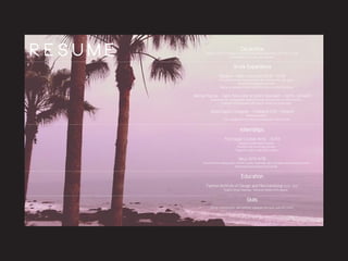 resume 
Objective 
Seeking a position in which I can grow in my design knowledge, and work in a team 
environment where I can utilize my skills. 
Work Experience 
Babakul – Sales Associate [12/10 – 11/13} 
Responsible for assisting customers and meeting daily sales goals. 
Assist in merchandising the store. 
Helping run company events within the store and offsite locations. 
Neiman Marcus - Sales Associate & Denim Specialist - {12/13 - present} 
Responsible for meeting goals, building clientele, and growing the denim business. 
Constant communication with buyers to promote denim sales. 
Web/Graphic Designer - Freelance [1/13 – Present] 
Meeting Deadlines. 
Time management and strong communication with clientele. 
Internships 
Fred Segal Couture [6/10 – 10/10] 
Designed promotional material. 
Assisted with the buying process. 
Trained to cater to high-end clientele. 
Beijo [2/13-6/13] 
Assisted with catalog photo-shoots: styling, organizing daily schedules, and preparing models. 
Shadowed head designer and founder. 
Education 
Fashion Institute of Design and Merchandising [10/10 – 8/12] 
Graphic Design Branding – Received Applied Arts degree. 
Skills 
Strong communicator, task oriented, organized, and work welll with others. 