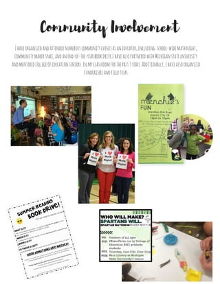 Assessments
Classroomassessmentsarepurposeful,ongoing,andmaybeeitherformalorinformal.datafrom
assessmentsisusedtoformsmallgroups,identifytargetareas,andtomonitorstudentprogress.
Formal Informal
NWEA(4xayear)
chaptersummativeassessments
meap(duringinternship)
spellinginventory(wordstheirway)
AIMSWEBprogressmonitoring
marzanofist-fourscale
midchapterquickchecks(using
plickers,kahoot,etc.)
exittickets
 
