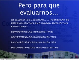 Pero para que
                                  evaluarnos...
                      SI QUEREMOS MEJORAR.......NECESIDAD DE
                      HERRAMIENTAS QUE HAGAN EXPLÍCITAS
                      NUESTRAS:
                      COMPETENCIAS CONSCIENTES
                      COMPETENCIAS INCONSCIENTES
                      INCOMPETENCIAS CONSCIENTES
                      INCOMPETENCIAS INCONSCIENTES



domingo 18 de noviembre de 2012
 