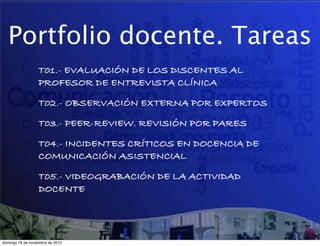 Portfolio docente. Tareas
                  T01.- EVALUACIÓN DE LOS DISCENTES AL
                  PROFESOR DE ENTREVISTA CLÍNICA!

                  T02.- OBSERVACIÓN EXTERNA POR EXPERTOS!

                  T03.- PEER-REVIEW. REVISIÓN POR PARES!

                  T04.- INCIDENTES CRÍTICOS EN DOCENCIA DE
                  COMUNICACIÓN ASISTENCIAL!

                  T05.- VIDEOGRABACIÓN DE LA ACTIVIDAD
                  DOCENTE!




domingo 18 de noviembre de 2012
 