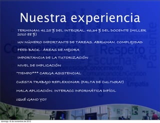 Nuestra experiencia
                 TERMINAN: 41.25 % DEL INTEGRAL. 46,34 % DEL DOCENTE (MILLER
                 2010 88 %)

                 UN NÚMERO IMPORTANTE DE TAREAS. ABRUMAN. COMPLEJIDAD
                 FEED-BACK.- ÁREAS DE MEJORA

                 IMPORTANCIA DE LA TUTORIZACIÓN

                 NIVEL DE IMPLICACIÓN

               “TIEMPO*** CARGA ASISTENCIAL

               CUESTA TRABAJO REFLEXIONAR (FALTA DE CULTURA?)

               MALA APLICACIÓN. INTERACC INFORMÁTICA DIFÍCIL

               ¿QUÉ GANO YO?




domingo 18 de noviembre de 2012
 