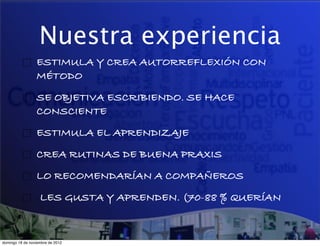 Nuestra experiencia
                 ESTIMULA Y CREA AUTORREFLEXIÓN CON
                 MÉTODO
                 SE OBJETIVA ESCRIBIENDO. SE HACE
                 CONSCIENTE
                 ESTIMULA EL APRENDIZAJE
                 CREA RUTINAS DE BUENA PRAXIS
                 LO RECOMENDARÍAN A COMPAÑEROS
                   LES GUSTA Y APRENDEN. (70-88 % QUERÍAN


domingo 18 de noviembre de 2012
 