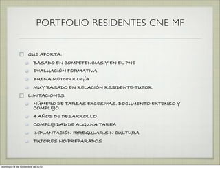 PORTFOLIO RESIDENTES CNE MF


                    QUE APORTA:
                        BASADO EN COMPETENCIAS Y EN EL PNE
                        EVALUACIÓN FORMATIVA
                        BUENA METODOLOGÍA
                        MUY BASADO EN RELACIÓN RESIDENTE-TUTOR
                    LIMITACIONES:
                        NÚMERO DE TAREAS EXCESIVAS. DOCUMENTO EXTENSO Y
                        COMPLEJO
                        4 AÑOS DE DESARROLLO
                        COMPLEJIDAD DE ALGUNA TAREA
                        IMPLANTACIÓN IRREGULAR SIN CULTURA
                        TUTORES NO PREPARADOS




domingo 18 de noviembre de 2012
 
