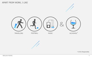 APART FROM WORK, I LIKE
TRAVELLING FOOTBALL ALCHOHOL
&
MUSIC
4
*
Drink Responsibly*
ABHILASH MISHRA
 