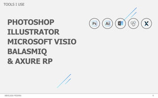 TOOLS I USE
9ABHILASH MISHRA
PHOTOSHOP
ILLUSTRATOR
MICROSOFT VISIO
BALASMIQ
& AXURE RP
 