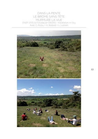 13
DANS LA PENTE
LE BROME SANS Tête
murmure la vue
ENSP 2013 (à Forcalquier 04300) - Installation In Situ
Avec C. Ricou + A. Bodard + L. Loosen
 