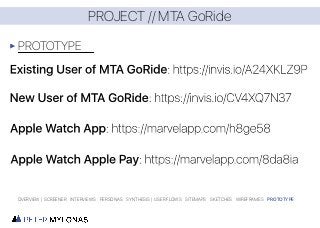 PROJECT // MTA GoRide
PROTOTYPE
OVERVIEW | SCREENER INTERVIEWS PERSONAS SYNTHESIS | USER FLOWS SITEMAPS SKETCHES WIREFRAMES PROTOTYPE
 