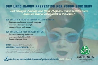 DRY LAND INJURY PREVENTION FOR YOUNG SWIMMERS
Our Strength Training and Yoga Programs make athletes move
better on land to move faster in the water!
OUR SPECIFIC STRENGTH TRAINING SESSIONS OFFER:
•	 Shoulder	stability	and	strength	exercises
•	 Improvements	in	core	strength
•	 Increased	lower	body	power
OUR SPECIALIZED YOGA CLASSES OFFER:
•	 Essential	breathing	techniques
•	 Improvements	in	hip	mobility
•	 Enhanced	mental	focus
DATES: Starting 4/29 through 6/10	
REGISTRATION DEADLINE:		4/26
For more information please contact Cari or Cory at
608.698.3153 or visit our website @ iGO-fitness.com.
Learn how to move better in and out of the water with iGO	Fitness!
 