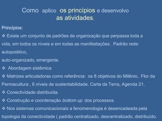 Como  aplicoos princípios e desenvolvo as atividades.Princípios: Existe um conjunto de padrões de organização que perpassa toda a vida, em todos os níveis e em todas as manifestações.  Padrão rede: autopoiético, auto-organizado, emergente.  Abordagem sistêmica