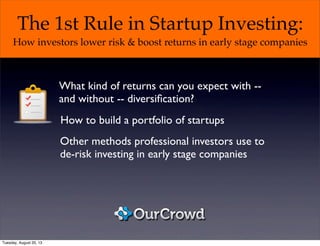The 1st Rule in Startup Investing:
How investors lower risk & boost returns in early stage companies
Other methods professional investors use to
de-risk investing in early stage companies
How to build a portfolio of startups
What kind of returns can you expect with --
and without -- diversiﬁcation?
Tuesday, August 20, 13
 