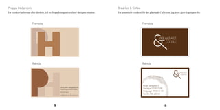 9 10
Philippa Hedjerson’s
Ett visitkort utformat efter direktiv, till en förpackningsutvecklare/-designer student.
Framsida
Baksida
Breakfast  Coffee
Ett potentiellt visitkort för det påhittade Cafét som jag även gjort logotypen för.
Framsida
Baksida
 
