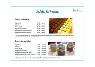 Doces boleados
Brigadeiro 45,00 cento
Beijinho 45,00 cento
Bicho de pé 45,00 cento
Brigadeiro de limão 50,00 cento
Brigadeiro gourmet ao leite 55,00 cento
Brigadeiro gourmet branco 55,00 cento
Tabela de Preços
* Os doces são entregues em forminhas simples. Caso queira que sejam colocados em forminhas personalizadas,
terá um acréscimo de acordo com a forminha.
Doces de potinho
Brigadeiro 3,60 unidade
Beijinho 3,60 unidade
Bicho de pé 3,60 unidade
Brigadeiro de limão 3,60 unidade
Brigadeiro gourmet ao leite 4,00 unidade
Brigadeiro gourmet choc. branco 4,00 unidade
* Os preços acima são para decorações simples. Para doces personalizados,nos consulte.
 