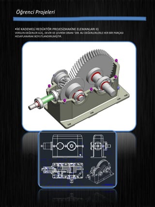 Öğrenci Projeleri
İKİ KADEMELİ REDÜKTÖR PROJESİ(MAKİNE ELEMANLARI II)
VERİLEN DEĞERLER GÜÇ, DEVİR VE ÇEVRİM ORANI ‘DIR. BU DEĞERLERLERLE HER BİR PARÇASI
HESAPLANARAK BOYUTLANDIRILMIŞTIR.
 