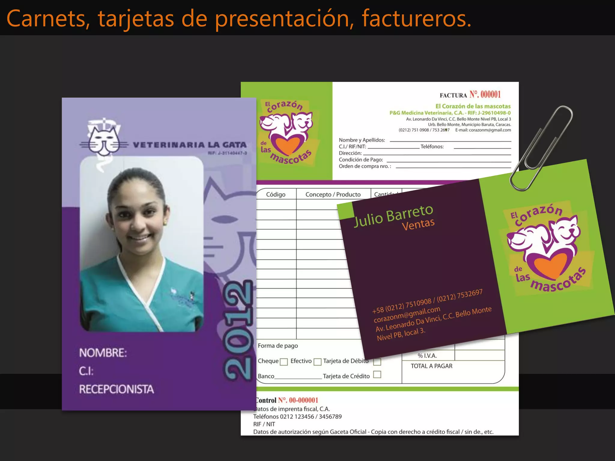 Carnets, tarjetas de presentación, factureros.