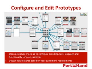 Configure and Edit Prototypes
• Open prototype mock-up to configure branding, text, language and
functionality for your customer
• Design new features based on your customer’s requirements
 