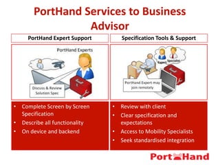 PortHand Services to Business
Advisor
PortHand Expert Support Specification Tools & Support
• Complete Screen by Screen
Specification
• Describe all functionality
• On device and backend
• Review with client
• Clear specification and
expectations
• Access to Mobility Specialists
• Seek standardised integration
 