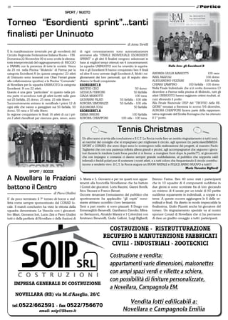 18
                                                SPORT / NUOTO


Torneo “Esordienti sprint”...tanti
finalisti per Uninuoto
                                                                                                    di Anna Torelli

è la manifestazione invernale per gli esordienti del        di ogni concentramento sono automaticamente
Circuito Regionale Federazione Italiana Nuoto – FIN.        ammessi alla “FINALE INDIVIDUALE ESORDIENTI
Domenica 22 Novembre 09 si sono svolte le elimina-          SPRINT” e gli altri 8 finalisti vengono selezionati in
torie interprovinciali del raggruppamento di REGGIO         base ai migliori tempi ottenuti nei 4 concentramenti.
e PARMA con la presenza di tutte le società. Vasca          La squadra UNINUOTO non ha smentito le aspetta-                           nella foto: gli esordienti B
da 25 mt. nella Piscina “Moletolo” di Parma per la          tive e gli Esordienti B hanno conquistato ben 8 finali
categoria Esordienti A (in questa categoria i 23 atleti     ed altre 8 sono arrivate dagli Esordienti A. Molti i mi-    ANDREA GIULIA MARIOTTI                        100 rana
di Uninuoto sono tesserati con Ober Ferrari grazie          glioramenti dei loro personali; qui di seguito elen-        AXEL NIZZOLI                                 100 dorso
alla collaborazione sportiva) e la Piscina “Comunale”       chiamo le finali conquistate:                               ALESSANDRO VEZZANI                          100 farfalla
di Novellara per la squadra UNINUOTO la categoria           eSordienti B                                                CHIARA ZAMPINO                100 farfalla - 100 dorso
Esordienti B con 22 atleti.                                 MATTEO CECI                                   50 dorso      Nella Finale Individuale che si è svolta domenica 13
Questa è una gara “particolare” in quanto nella pri-        GESSICA FERRONI                              50 farfalla    dicembre a Parma nella piscina di Moletolo, tutti gli
ma parte vi accedono tutti gli atleti iscritti nelle gare   GIADA MARIOTTI                                100 rana      atleti UNINUOTO hanno raggiunto ottimi risultati, al-
sui 25 farfalla, 25 dorso, 25 rana, 25 stile libero.        GIOVANNI PILATI                  50 farfalla - 100 stile    cuni sfiorando il podio.
Successivamente entrano in semifinale i primi 12 di         AURORA SIMONAZZI                 50 farfalla - 100 stile    Alla Finale Nazionale UISP del “TROFEO delle RE-
ogni stile che vanno a gareggiare sui 50 farfalla, 50       ELEONORA TOSI                                50 farfalla    GIONI” tenutasi a Ravenna lo scorso 5/6 dicembre,
dorso, 50 rana e 50 stile libero.                           eSordienti a                                                AURORA CHIAPPONI faceva parte della rappresen-
In regione conquistano le finali 16 atleti di cui i pri-    EMMA BRIONI                                100 farfalla     tativa regionale dell’Emilia Romagna che ha ottenuto
mi 2 atleti classificati per ciascuna gara, sesso, anno     AURORA CHIAPPONI                  100 stile - 100 rana      il 1° posto.



                                                                                           Tennis Christmas
                                                              Un altro anno si avvia alla conclusione e Il C.T. La Rocca vuole fare un sentito ringraziamento a tutti i soci,
                                                              ai membri del consiglio che si impegnano per migliorare il circolo, agli sponsor (in particolareEMMEDI-
                                                              SPORT e CONAD) che anno dopo anno lo sostengono nella realizzazione dei progetti, al maestro Paolo
                                                              Tagliavini che con una pazienza infinita allena grandi e piccini, agli accompagnatori che seguono i gioca-
                                                              tori durante le trasferte (sarà forse perché ci si ferma a mangiare fuori dopo la partita??), ai giocatori/e
                                                              che con impegno e costanza ci danno sempre grande soddisfazione, al pubblico che sopporta caldi
                                                              infernali o freddi polari pur di sostenere i nostri atleti, e a tutti coloro che frequentando il circolo contribu-
                                                              iscono a renderlo vivo. Il C.T. la Rocca augura un BUON NATALE e FELICE ANNO NUOVO a tutti!!!
                                                                                                                                                     maria veronica Bigliardi
                  SPORT / BOCCE

A Novellara le Frazioni                                     S. Maria e S. Giovanni e per tre quarti non appar-
                                                            tenenti alla bocciofila Novellarese che ha battuto
                                                                                                                        Brenno Farina. Ben 40 sono stati i partecipanti
                                                                                                                        che in 10 squadre di 4 componenti suddivise in
battono il Centro                                           I Coristi dei giocatori: Loris Razzini, Gianni Bonfà,
                                                            Atos Vezzani e Franco Benati.
                                                                                                                        due gironi si sono scontrate fra di loro giocando
                                                                                                                        un minimo di 4 serate per un totale di 60 partite
                                      di Piero Ghidini      Occorre rimarcare l’entusiasmo del pubblico che             suddivise equamente in individuali, a coppie e a
E’ da poco terminato il 7º torneo di bocce a staf-          sportivamente ha applaudito “gli ospiti” nono-              terne. A queste occorre aggiungere le 6 delle se-
fetta come sempre sponsorizzato dal CONAD lo-               stante abbiano sconfitto i loro beniamini.                  mifinali e finali. Ha diretto in modo impeccabile la
cale. Il match conclusivo ha visto la vittoria della        Terzi a pari merito si sono piazzati: Il Drago con          finalissima, Giulio Pizzetti anche lui giocatore del
squadra denominata La Vezzola con i giocatori:              Ermenegildo Benevelli, Gianfranco Davolio, Mitra-           torneo. Un ringraziamento speciale va al nostro
Ivo Miari, Giovanni Iori, Lucio Zini e Piero Ghidini        no Bertazzoni, Arnaldo Marani e I Colombini con             sponsor Conad di Novellara che ci ha permesso
tutti o della periferia di Novellara o delle frazioni di    Amitrano Benevelli, Giulio Galloni, Luigi Bigliardi,        di dare un gradito omaggio a tutti i partecipanti.


                                                                                 CoStruzione - riStrutturazione
                                                                               reCuPero e manutenzione FaBBriCati
                                                                                  Civili - induStriali - zooteCniCi
                                                                                     Costruzione e vendita:
                                                                                     appartamenti varie dimensioni, maisonettes
                                                                                     con ampi spazi verdi e villette a schiera,
                                                                                     con possibilità di finiture personalizzate,
     imPreSa Generale di CoStruzione
                                                                                     a Novellara, Campagnola em.
      novellara (re) via m.d’azeglio, 26/C
                                                                                                 Vendita lotti edificabili a:
     tel.0522/662591 - fax 0522/756670
                          email: soip@libero.it                                                Novellara e Campagnola emilia
 