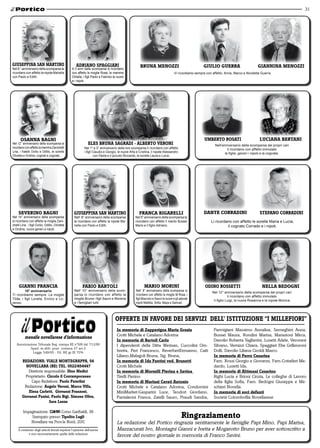 31




GiuSePPina San martino                              adriano SPaGGiari                                 Bruna menozzi                                    Giulio Guerra                       Giannina menozzi
Nel 8 ° anniversario della scomparsa la          A 3 anni dalla scomparsa lo ricordano
ricordano con affetto la nipote Mariella         con affetto la moglie Rosa, la mamma                                               Vi ricordiamo sempre con affetto, Anna, Marco e Nicoletta Guerra
con Paolo e Edith.                               Orbella, i figli Paolo e Fabrizio le nuore
                                                 e i nipoti.




       oSanna BaGni                                                                                                                                     umBerto roSati                      luCiana Bertani
Nel 12° anniversario della scomparsa la                       eleS Bruna SaGradi - alBerto veroni                                                              Nell’anniversario della scomparsa dei propri cari
ricordano con affetto la mamma Zanichelli                  Nel 1° e 3° anniversario della loro scomparsa li ricordano con affetto                                       li ricordano con affetto immutato
Lina, i fratelli Ovilio e Odillo, le sorelle               i figli Claudio e Giorgio, le nuore Afra e Cristina, il nipote Alessandro                                  le figlie, generi i nipoti e la cognata.
Olivetta e Ondina, cognati e cognate.                               con Paola e il piccolo Riccardo, le sorelle Laura e Lucia.




     Severino BaGni                                GiuSePPina San martino                            FranCa BiGarelli                                  dante Corradini                      SteFano Corradini
Nel 14° anniversario della scomparsa               Nell’ 8° anniversario della scomparsa          Nel 5° anniversario della scomparsa la
lo ricordano con affetto la moglie Zani-           la ricordano con affetto la nipote Ma-         ricordano con affetto il marito Bussei                    Li ricordano con affetto le sorelle Maria e Lucia,
chelli Lina , i figli Ovilio, Odillo, Olivetta     riella con Paolo e Edith.                      Mario e il figlio Adriano.                                          il cognato Corrado e i nipoti.
e Ondina, nuore generi e nipoti.




     Gianni FranCia                                       FaBio Bartoli                                   mario morini                                  odino roSSetti                        nella BedoGni
         10° anniversario                          Nell' 10° anniversario della scom-              Nell’ 8° anniversario della scomparsa lo
                                                                                                                                                             Nel 12° anniversario della scomparsa dei propri cari
Ti ricordiamo sempre. La moglie                    parsa lo ricordano con affetto la               ricordano con affetto la moglie M.Rosa, i
                                                                                                                                                                         li ricordano con affetto immutato
Tilde, i figli Lorella, Enrico e Lo-               moglie Bruna i figli Sauro e Morena             figli Maurizio e Sauro le nuore e gli adorati
                                                                                                                                                              il figlio Luigi, la nuora Rosanna e la nipote Monica
renzo.                                             e i famigliari tutti.                           nipoti Matilda, Sofia, Maya e Samuel.




                                                                                    oFFerte in Favore dei Servizi dell’ iStituzione “i milleFiori”
                                                                                     in memoria di zappavigna maria Grazia                                    Parmigiani Massimo Annalisa, Semeghini Anna,
                                                                                     Crotti Michele e Catalano Adorina                                        Bussei Maura, Rondini Marisa, Marastoni Mirca,
          mensile novellarese d'informazione
                                                                                     in memoria di Bartoli Carlo                                              Davolio Roberta Tagliavini, Lusetti Adele, Veronesi
   Autorizzazione Tribunale Reg. stampa RE nº589 del 7/12/89                         I dipendenti della Ditta Werisan, Cuccolini Om-                          Silvano, Vernizzi Chiara, Spaggiari Ebe Grillenzoni
             Sped. in abb. post. comma 27 art.2
               Legge 549/95 - Fil. RE gr.III 70%                                     bretta, Peri Francesco, ReverberiErmanno, Caiti                          Dolli, Davolio Liliana Ciroldi Marco.
                                                                                     Liliano,Malagoli Bruna, Sig. Bruna,                                      in memoria di Ferro Cesarina
        redazione: viale monteGraPPa, 54                                             in memoria di ida Fantini ved. Brunetti                                  Fam. Rossi Giorgio e Giovanni, Fam.Cottafavi Me-
          novellara (re) tel. 0522/654447                                            Crotti Michele                                                           dardo, Lusetti Ida,
            Direttore responsabile: dino medici                                      in memoria di morselli Pierina e Savina                                  in memoria di altimani Cesarino
          Proprietario: Circolo il Contemporaneo                                     Tirelli Pierino                                                          Righi Lucia e Brioni Cinzia, Le colleghe di Lavoro
             Capo Redattore: Paolo Paterlini                                         in memoria di mariani Cerati antonio                                     della figlia Sofia, Fam. Bedogni Giuseppe e Me-
         Redazione: angelo veroni, marco villa,                                      Crotti Michele e Catalano Adorina, Condomini                             schieri Novella.
            elena Carletti, Giovanni Franzoni,                                       MiniMarket:Gasparini Luce, Teodori Giordano,                             in memoria di soci defunti
        Giovanni Panini, Paolo Bigi, Simone oliva,                                   Pantaleoni Franca, Zatelli Sauro, Praudi Sandra,                         Società Colombofila Novellarese
                         Sara lanza

         Impaginazione: Ci&Wi Corso Garibaldi, 36
             Stampato presso tipolito lugli                                                                                               ringraziamento
             Novellara via Prov.le Nord, 20/C                                        La redazione del Portico ringrazia sentitamente le famiglie Papi Mino, Papi Marisa,
     Il contenuto degli articoli firmati esprime l'opinione dell'autore              Mazzacurati Ivo, Montagni Gianni e Ivetta e Mogarotto Bruno per aver sottoscritto a
              e non necessariamente quella della redazione
                                                                                     favore del nostro giornale in memoria di Franco Savini.
 