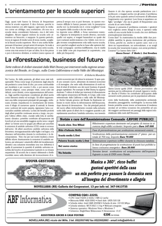 6


L’orientamento per le scuole superiori                                                                                             Questo è ciò che spesso accade parlandone con i
                                                                                                                                   professori, o magari anche con gli amici; il problema
                                                                                                                                   si fa più serio quando arriva il momento dì affrontare
                                                                                                                                   l’argomento con i genitori. Loro forse si aspettano un
Oggi, quasi tutti hanno la fortuna di frequentare                prima.Il tempo non si può fermare, se questo mo-                  figlio “prodigio” che sia in grado di frequentare una
anche le scuole superiori. E dico fortuna, perché io             mento difficile lo hanno passato tutti, lo passeremo              scuola di un certo livello.
stessa insieme con altri ragazzi, ogni tanto la vedia-           anche noi. La domanda ora è: come scegliere? Cosa                 Oppure si presenta il problema contrario: i genitori
mo come un obbligo, una costrizione; chi non va a                mi aspetto dalla scuola e da me stessa ?                          non vogliono avere disagi in casa, e sperano nella
scuola viene considerato fortunato, ma è del tutto               Le risposte sono difficili, o forse nemmeno esisto-               scelta di una scuola facile in modo che non debbano
sbagliato. Alcuni ragazzi vedono la scuola solo at-              no. Ognuno le interpreta in modo diverso, secondo                 eventualmente intervenire.
traverso un binocolo, o neppure. In questo periodo,              quello cui aspira, e magari basandosi su quale dei                Come fare? In matematica la media delle due pos-
tocca ai ragazzi di tredici anni di terza media, sceglie-        suoi coetanei andrà insieme a lui. Infatti, non mi vo-            sibilità sarebbe la giusta risoluzione del problema.
re la futura scuola superiore. Non è una scelta facile:          glio trovare completamente sola nella nuova scuola;               E forse, perché no, anche in questo caso: non ci si
pensare di lasciare i propri amici di sempre, fa male a          ecco perché sceglierò anche in base alle opinioni del-            deve ne sopravalutare, ne sottovalutare, e se scegli
tutti. A me. Essendo indirizzata per una certa scuola,           le mie compagne: sembra indifferente, ma in realtà                la scuola che veramente ti piace, non avrai problemi.
come una mia amica lo è per un’altra, fa si che prima            è una delle cose più importanti (e soprattutto, una               L’esame? Lo hanno fatto tutti !
o poi ci dovremo dividere, e vederci meno spesso di              delle più frequenti).                                                       Bianca Ferrari - 3a media l. orsi novellara


La riforestazione, business del futuro
Sette milioni di dollari stanziati dalla Walt Disney per interventi nella regione amaz-
zonica del Brasile, in Congo, sulla Costa Californiana e nella Valle del Missisippi.
                                                                                                     di Roberto Blundetto
Per l’uomo, fin dalla preistoria, gli alberi sono stati indi-    centivi economici per chi riduce le emissioni. Si apre quin-
spensabili. Prima come luogo di protezione dagli attacchi        di uno scenario nuovo, alimentato da interessi economici
dei predatori e come fonte di cibo, poi come combustibile        e di immagine, che vede nella riforestazione di molti mi-
per riscaldarsi e per cuocere il cibo, e poi ancora come         lioni di ettari di territorio uno dei nuovi business di grandi
simbolo religioso, come principio vitale, come culto dei         gruppi capitalistici. Per esempio la Walt Disney ha appena        Sierra Leone aprile 2008 - Donne provvedono alla
                                                                                                                                   semina per la coltivazione di cereali, legumi e verdu-
defunti, come divinità, come rappresentazione dell’univer-       destinato 7 milioni di dollari per interventi di riforestazione
                                                                                                                                   re. Anche il Portico ha contribuito all’acquisto delle
so. Oggi sarebbe importante considerare gli alberi anche         nella regione amazzonica del Brasile, in Congo, sulla costa       sementi molto preziose per le popolazioni africane.
come elementi estetici ed ecologici. Gli alberi rappresen-       settentrionale della California e nella valle del Mississip-
tano una delle componenti principali del paesaggio, rinfre-      pi. Anche l’attuale governo del Brasile ha finalmente ral-        conto della biodiversità, delle caratteristiche ambientali,
scano d’estate, impediscono lo smottamento dei terreni,          lentato in modo deciso la deforestazione dell’Amazzonia,          climatiche, paesaggistiche, morfologiche. La riscossa delle
sono il rifugio di numerose specie di animali; le foreste        dopo decenni di devastazione. Uno dei principali pericoli         foreste potrebbe essere invece un’inversione di tendenza
sono i polmoni del nostro pianeta, rigenerano l’aria e ac-       del nuovo affare rimboschimento consiste nella esclusiva          secolare ed un’ottima occasione che porterebbe ad uno
cumulano anidride carbonica. La lista dei benefici prodotti      scelta delle specie di alberi che in maggiore quantità e più      dei maggiori cambiamenti nei paesaggi delle regioni indu-
dagli alberi potrebbe continuare ancora a lungo, ma pro-         rapidamente assorbono l’anidride carbonica, non tenendo           strializzate dalla metà dell’Ottocento.
prio l’ultimo effetto citato, cruciale nella lotta al cambia-
mento climatico, potrebbe contribuire all’espansione dei
boschi ed ad una sensibilità maggiore anche verso i singoli
                                                                     notizie a cura dell’amministrazione Comunale -lavori PuBBliCi
alberi. Le foreste sono le spugne più efficaci per assorbire                                                   Rifacimento copertura rientrante nel progetto di messa in si-
                                                                   Scuola elem. don milani
le emissioni di anidride carbonica (CO2) create in eccesso                                                     curezza degli edifici scolastici. Importo pari a euro 147.000
dall’uomo. Gli alberi assorbono anidride carbonica nella
                                                                   nido d’infanzia Birillo                     Fase di preventivazione per sostituzione serramenti esterni
fotosintesi, immagazzinandola nelle foglie e nel legno, e la
rilasciano nell’atmosfera durante la combustione o la de-                                                      Sostituzione della pavimentazione esistente 2° piano per un
                                                                   Scuola media l.orsi
composizione. Visto che per vari motivi risulterà a breve                                                      totale di 700 mq. Importo euro 70.000
difficile ridurre drasticamente le emissioni di anidride car-
bonica, per attenuare i catastrofici effetti del riscaldamento
                                                                   Palestra Scuola media l.orsi                Sistemazione copertura soffitto durante la chiusura natalizia.
climatico una soluzione immediata (ma non definitiva) è                                                        In fase di progettazione la sostituzione di punti luci pubblici a
quella di aumentare la quantità di anidride carbonica as-          nel centro storico
                                                                                                               basso consumo energetico. euro 20.000
sorbita dai boschi e di aumentarne il periodo in cui rimane
sequestrata. Gli accordi che si stanno delineando a livello                                                    Termine lavori sostituzione ed ampliamento dell’impianto
                                                                   via deledda
mondiale vanno nella direzione del riconoscimento di in-                                                       fognario a cura di ENIA entro Natale.

                          nuova GeStione                                                         musica a 360°, ricco buffet
                                                                                                  gustosi aperitivi della casa
                                                                                        un mix perfetto per passare la domenica sera
                                                                                           all’insegna del divertimento e allegria
                                    novellara (re) Galleria dei Cooperatori, 13 per info tel. 347-0413735

                                                                                ComPaQ CQ61-222Sl
                                                                                • CPU: Intel T4200 2.0GHz 1 MB L2 cache
                                                                                • Memoria RAM: 4GB DDR2 • Hard disk: SATA 500 GB
                                                                                • Scheda video: Intel GMA 4500M • Scheda di rete: 10/100 Mbps
                                                                                • Scheda wireless: WI-FI 802.11 b/g • Webcam integrata
                                                                                • Sistema operativo: Windows Vista o Windows 7
                                                                                • Schermo: BrightView Widescreen • Dimensione: 15.6”
                                             aSSiStenza anChe a CaSa voStra!                                                 630€ iva inclusa
                              NOVELLARA (RE) vicolo dei Mille, 3 tel. 0522/937492 fax 0522/652893 - email:info@abfinfo.it
 