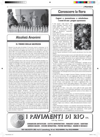 26



                                                                                                        Conoscere la flora
                                                                                                   Cagnet o marusticano o mirabolano
                                                                                                     i nomi di una prugna spontanea
                                                                                             A fine giugno negli sieponi delle
                                                                                             nostre campagne maturano piccole
                                                                                             prugne gialle, rosse , rosso cupo,
                                                                                             sono frutti da noi chiamati “Cagnet”,
                                                                                             ma anche “marusticani” ( verso
                                                                                             Reggio e Modena),o “mirabolani”
                                                                                             (verso Mantova).
                                                                                             Poiché oltre al colore cambia molto
                                                                                             anche la loro dimensione, ci si sforza
                                                                                             per ricordare il posto in cui trovare
                                                                                             quelli migliori. Fare una raccolta di
                                                                                             questi frutti, mai perfettamente maturi
                                                                                             e quasi sempre abbastanza aspri
                                                                                             di sapore, può essere un diversivo
                       IL TRENO DELLA SALVEZZA                                               piacevole. Quando ancora non era
                                                                                             disponibile in abbondanza e in ogni
        Questa è la mia storia di alcolista. Vi racconto come è cominciata. Io, Er-          stagione la frutta dei supermercati, si
        manno, all’età di 24 anni circa, mi sono sposato con una ragazza di 20. La           cominciava a sgranocchiare i cagnet
        mia vita procedeva nel migliore dei modi: avevo un buon lavoro, facevo il            ancora molto verdi e acerbi, tanto non
        pittore edile. Con il passare degli anni abbiamo avuto dei figli e io, devo dire,    era che il sapore cambiasse di molto quando prendevano i loro bei colori
        vivevo una vita normale sia in casa che fuori, anche fermandomi con gli              brillanti.
        amici a bere un bicchiere. Il sabato sera, di solito, lo passavo con gli amici al    Qualche stirpe di questa prugna un poco più bella delle altre è stata oggetto
        bar, finendo la serata sempre bene e quando tornavo a casa scherzavo con             di coltivazione, ma la creazione di varietà dalle caratteristiche migliori di
        mia moglie, con il passar del tempo, però, la vita quotidiana mi cominciò            aspetto e commestibilità, ha portato al suo rapido abbandono. In Francia
        a pesare;                                                                            sembra invece che la coltivazione del mirabolano, colà denominato
        forse avevo qualche anno in più, forse per qualche problema familiare, for-          “Mirabelle”, sia ancora consistente e apprezzata.
        se perché desideravo tanto una casa per conto mio, per rendere felici mia            Il “Cagnet”, botanicamente è il “Prunus myrabolana”; cambiato poi in
        moglie e le mie figlie ma il mio stipendio non me lo permetteva. Una sera            “Prunus cerasifera” o pruno-ciliegia, per la somiglianza dei frutti con la
        ho litigato in famiglia e infuriato, sono uscito di casa camminando senza            cerasa o ciliegia. Il nome più noto “myrabolana”, deriva dal greco “Myron”
        meta, ho incontrato un bar, sono entrato e ho chiesto una birra, poi ancora          unguento e “Balanos” ghianda, poiché, nel medioevo, gli Arabi diffusero
        un’altra, finché mi sono ubriacato. La notte stetti male e anche il giorno           nella loro medicina un frutto simile di origine indiana, impiegato nella
        dopo, così non andai a lavorare, dopo due giorni il mio datore di lavoro mi          preparazione di unguenti apprezzatissimi (allora!) come cosmetici e come
        disse di rigar dritto altrimenti mi avrebbe licenziato; mi sentii mortificato ma     blandi purganti. Per analogia anche il nostro pruno prese la denominazione
        tornai a bere ed arrivò la lettera di licenziamento per ubriachezza sul lavoro.      di mirabolano.
        In quel momento mi resi conto che erano cominciati i guai, sul serio. Co-            Si tratta di un albero di origine Caucasico-Asiatica, introdotto in Europa
        minciò il periodo più misero della mia esistenza: vivevo solo con il pensiero        già in epoca pre-romana, che può raggiungere diversi metri di altezza,
        di come procurarmi da bere. Iniziavo a perdere la stima della mia famiglia           ma che normalmente tende a ramificarsi fin dalla base e a cespugliare.
        e la fiducia degli amici migliori, non mi rendevo conto che mi stavo distrug-        La corteccia, verde-rossastra, sui tronchi più vecchi tende a squamarsi.
        gendo con il bere. Incontrai delle persone che mi volevano aiutare e mi              Sui rami, brevi rametti a dardo somigliano a grosse spine. Le foglie sono
        parlarono dei gruppi di Alcolisti Anonimi (era il 1995) ma continuai a bere          piccole (4-6cm), ovali appuntite, con bordo a seghettatura fine, con
        per altri 8 anni. Ormai non potevo stare senza bere nemmeno per un’ora,              nervature evidenti e pelose sulla pagina inferiore. I fiori, bianchi , molto
        mi tremavano le mani e mi prendeva una sudarella come se mi cedesse la               precoci in primavera, sono singoli ma abbondanti e compaiono in genere
        terra sotto i piedi; il vino mi faceva brutti scherzi, non mi ricordavo quello       prima della foglie.
        che mi era successo il giorno prima. In ospedale mi venne a trovare un ami-          Dei frutti già si è detto, i loro semi, come quelli di molte specie della
        co che incominciò a raccontarmi di come potevo uscire da questo problema             famiglia delle rosacee, a cui il mirabolano appartiene, sono ricchi di acido
        immenso che si chiama “ alcolismo “. Tornando a casa quel “benedetto”                cianidrico e perciò potenzialmente pericolosi, anche se il loro utilizzo e la
        giorno (8 giugno 2003), per quel miracolo che doveva forse avverarsi, non            loro ingestione sono improbabili.
        toccai un goccio di alcol. Arrivato mi misi a letto. Il giorno dopo, quando          Oggi l’uso alimentare è molto limitato, con i frutti di mirabolano si possono
        mi alzai, ero tutto tremante e sentivo una gran voglia di bere ma dentro             preparare sciroppi, marmellate e gelatine, come si fa con le altre prugne.
        di me qualcosa mi diceva che potevo resistere come avevo fatto il giorno             Molto più diffuso è l’impiego come portainnesto di altre specie fruttifere,
        precedente. Così presi la mia grande decisione: ricorsi al Gruppo degli Alco-        in primo luogo dell’albicocco, per il quale sono state selezionate linee
        listi Anonimi ed ebbe inizio il mio cammino verso la serenità. Giorno dopo           clonali resistenti alla malattie e adattabili ai diversi terreni. Molto adottata
        giorno frequentando il Gruppo e sentendo le storie dei miei amici alcolisti,         come pianta ornamentale per viali e parchi, è la cultivar prunus cerasifera
        raccontavo anch’io la mia vita e un giorno alla volta sono arrivato ai fatidici      Pissardi a foglie rosso-violacee e dalla abbondantissima fioritura rosato-
        dodici mesi e l’8 Giugno 2004, ho festeggiato il mio primo compleanno                violacea.
        di sobrietà. Il Gruppo per me è come una seconda famiglia e continuo ad              L’utilizzo fitoterapico è limitato a un preparato denominato”Cherry-Plum”,
        andarci sempre con la speranza che, nel mio piccolo, io possa aiutare gli            facente parte dei Fiori di Bach, indicato per le malattie della sfera nervosa
        amici che ancora stanno nel problema cercando di stare sempre lontano dal            come ossessioni e “tendenze a fare cose spaventose”. Forse questi
        primo bicchiere. Grazie A.A.                                                         immaginari rimedi, sono consigliabili per cose più innocue.




                                                                                            Iotti rag. Adelmo

                                              CERAMICHE ARTISTICHE - COTTO IMPRUNETINO - PARQUET LEGNO - SANITARI
                                              ARREDO BAGNO - CUCINE MURATURA - PIETRE NATURALI - MARMI E MOSAICI
                                  RIO SALICETO (RE) via R. Luxemburg, 24 tel. 0522/699991 Fax 0522/699899

Portico-269.indd 26                                                                                                                                                     15/07/10 11.03
 