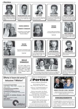 31




 ATTE MAZZOLI (DIRCE)                            IRCAM MORELLINI (IMAN)                                         IDA MIARI                                RINO BOCEDI                             MIRELLA SPAGGIARI
A 2 anni dalla scomparsa ti ricordiamo           2° anniversario. Se il ricordo è vita tu                                                        Nell' 15° anniversario della scomparsa       Nel 5° anniversario della scomparsa la ricor-
sempre con affetto. Il marito Giuseppe,          vivi con noi. Tua moglie Bice, i tuoi                Nell' 13° anniversario della scom-         lo ricordano con immutato affetto la         dano con affetto il marito Angelo i figli Paola
il fratello Ivo i nipoti e pronipoti, cognati    figli Ivan e Ketti, il fratello Ivaldo e tutti       parsa la ricordano con affetto i figli,    moglie Ilde Mora e i figli Ivan e Ivano      e Gianpaolo, i nipoti Alessandro, Beatrice e
e cognate.                                       i tuoi cari.                                         nuore, generi e nipoti.                    con le rispettive famiglie.                  Andrea, il genero Lucio, la nuora Samantha.




                                                    BIANCA AMBROGI                                                                                           NADINA
                                                                                                                                                             AZZARRI
                                                 UMBERTO CORRADINI

                                                Vi ricordiamo con tanto affetto                                                                   A 4 anni dalla tua scomparsa
                                                   Giulio, Carla, Miro, Tania,                                                                  ti ricordiamo sempre con amore
                                                       Simone e Stefano                                                                                                                              VASCO GHIZZONI
                                                                                                                                                             i tuoi cari                      Nel 9° anniversario della scompar-
                                                                                                                                                                                              sa lo ricordano con affetto il fratello
                                                                                                                                                                                              Bruno, la sorella Loretta i figli e i
                                                                                                                                                                                              parenti tutti.




                                                             VALTER
                                                            LUSUARDI


                                                Hai vissuto in semplicità e riser-
                                                vatezza e così te ne sei andato.
                                                                                                        AUGUSTO LUSUARDI                             SILVIA DALLAGLIO                                  RINA RABACCHI
                                                                                                                                                 Mamma il tuo volto è inciso sulle pareti     Nel 3° anniversario ti ricordano con
                                                               I tuoi cari                            A 5 anni dalla scomparsa lo ricor-
                                                                                                                                                 delle nostre anime che nessuno può
                                                                                                      dano con affetto la moglie Spag-                                                        affetto di sempre i figli, la nuora e i
                                                                                                                                                 cancellare e distruggere nel tempo....       nipoti e pronipoti.
                                                                                                      giari Adele, i figli e i nipoti.
                                                                                                                                                                          Maria e Nella




                                                         NELLO
                                                       SUBAZZOLI

                                                  A 3 anni dalla scom-
                                                  parsa lo ricordano con
                                                  tanto affetto la moglie                                                                                                                             RINO MALAGUTI
                                                  Loredana, i figli Clau-                                        TILDE FAIETTI                  PRIMO MONTANARI                               A 11 anni dalla scomparsa il tuo
                                                  dio e Claudia, nipoti e                                                                                                                     ricordo vive sempre nei nostri cuori,
                                                                                                         Nell’anniversario della scomparsa dei propri cari, la figlia Stefa-                  ciao Bàco. La moglie Iole, i figli
                                                  fratelli.                                                 nia con Giorgio, Elena e Dario li ricorda con tanto affetto.                      Meris e Mauro il genero Mauro e
                                                                                                                                                                                              la nuora Paola.




 Offerte in favore dei servizi                                                                      CIRCOLO IL CONTEMPORANEO

   Istituzione “I Millefiori”
                                                                                                  mensile novellarese d'informazione
                                                                                                       Autorizzazione Tribunale
  In memoria di Lusetti Oriele
                                                                                                  Reg. stampa RE nº589 del 7/12/89
  Lusetti Maria, Chiara Dolly e Mariella, Gatti
  Ivano e Laura.                                                                                  Redazione: viale MONTEGRAPPA, 54
  In memoria di Cocconcelli Elvira                                                                  Novellara (RE) tel. 0522/654447
  Fam Rondini Roberto                                                                                                                                                FRANCO PELLINI E GINA TASCHINI
  In memoria di Cattabiani Giovanna                                                           Direttore responsabile: Dino Medici
                                                                                                                                                                         Nell’anniversario della scomparsa dei propri cari
  Fam. Lusetti Lea, Colli Andrea, Lusetti Luciano,                                          Proprietario: Circolo il Contemporaneo                                  li ricordano con affetto i figli Valeria, Cristina e Andrea,
  Zini Cassiano.                                                                                Capo Redattore: Paolo Paterlini                                                     i generi la nuora e i nipoti.
  In memoria di Cattabiani Giovanna e Zini                                                Redazione: Marco Villa, Giovanni Franzoni,
  Pierino                                                                                         Giovanni Panini, Paolo Bigi,
  Le figlie e le rispettive famiglie
  Libera offerta
                                                                                                  Simone Oliva, Sara Lanza.
                                                                                                                                                                          RINGRAZIAMENTO
  Bertozzi Anna Maria                                                                    Impaginazione: Ci&Wi viale Montegrappa, 50
                                                                                               Stampato presso Tipolito Lugli                                      La famiglia Bellesia commossa per il ricordo e
                                                                                              Novellara via Prov.le Nord, 20/C                                     il tributo d’affetto al proprio caro Massimo in
                                                                                                                                                                   occasione del 20° anniversario della scom-
                                                                                            Il contenuto degli articoli firmati esprime l'opinione                 parsa, ringrazia sentitamente gli amici della
                                                                                        dell'autore e non necessariamente quella della redazione.                  squadra di basket.
 