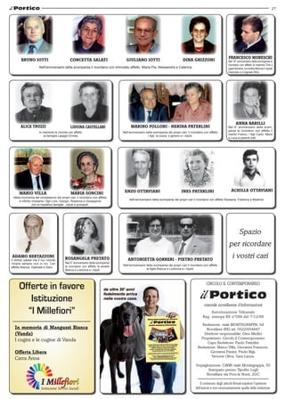 27




                                                                                                                                                                 FRANCESCO MORESCHI
       BRUNO IOTTI                           CONCETTA SALATI                     GIULIANO IOTTI                               DINA GHIZZONI                      Nel 18° anniversario della scomparsa lo
                                                                                                                                                                 ricordano con affetto la mamma Tina il
                     Nell'anniversario della scomparsa li ricordano con immutato affetto. Maria Pia, Alessandra e Caterina                                       papà Adriano, la sorella Monica il nipote
                                                                                                                                                                 Giancarlo e il cognato Rino.




                                                                                                                                                                       ANNA BARILLI
      ALICE TRUZZI                           LIDUINA CASTELLARI                      MARINO FOLLONI - NERINA PATERLINI                                           Nel 9° anniversario della scom-
                                                                                                                                                                 parsa la ricordano con affetto il
                     In memoria le ricorda con affetto                         Nell’anniversario della scomparsa dei propri cari, li ricordano con affetto
                                                                                                                                                                 marito Franco, i figli Carlo, Meris
                        la famiglia Lasagni Ermes                                                 i figli, la nuora, il genero e i nipoti.
                                                                                                                                                                 e Luca e parenti tutti.




                                                                                ENZO OTTAVIANI                               INES PATERLINI                        ACHILLE OTTAVIANI
     MARIO VILLA                             MARIA SONCINI
 Nella ricorrenza del compleanno dei propri cari, li ricordano con affetto
                                                                                    Nell’anniversario della scomparsa dei propri cari li ricordano con affetto Rossana, Federica e Beatrice
     e infinito rimpianto i figli Livio, Giorgio, Rosanna e Giuseppina
                con le rispettive famiglie , nipoti e pronipoti.




                                                                                                                                                                           Spazio
                                                                                                                                                                 per ricordare
ADAMO BERTAZZONI
Il tempo passa ma il tuo ricordo         ROSANGELA PRETATO                        ANTONIETTA GORRERI - PIETRO PRETATO
                                                                                                                                                                    i vostri cari
rimane sempre vivo in noi. Con           Nel 4° anniversario della scomparsa
                                         la ricordano con affetto le sorelle   Nell’anniversario della scomparsa dei propri cari li ricordano con affetto
affetto Bianca. Gabriele e Sara
                                         Bianca e Lodovica e i nipoti.                           le figlie Bianca e Lodovica e i nipoti.




     Offerte in favore                                                                                                                          CIRCOLO IL CONTEMPORANEO


        Istituzione                                                                                                                            mensile novellarese d'informazione
       “I Millefiori”                                                                                                                              Autorizzazione Tribunale
                                                                                                                                              Reg. stampa RE nº589 del 7/12/89

                                                                                                                                            Redazione: viale MONTEGRAPPA, 54
  In memoria di Manguzzi Bianca                                                                                                                Novellara (RE) tel. 0522/654447
  (Vanda)                                                                                                                                     Direttore responsabile: Dino Medici
                                                                                                                                            Proprietario: Circolo il Contemporaneo
  I cugini e le cugine di Vanda
                                                                                                                                                Capo Redattore: Paolo Paterlini
                                                                                                                                          Redazione: Marco Villa, Giovanni Franzoni,
  Offerta Libera                                                                                                                                  Giovanni Panini, Paolo Bigi,
                                                                                                                                                  Simone Oliva, Sara Lanza.
  Carra Anna
                                                                                                                                        Impaginazione: Ci&Wi viale Montegrappa, 50
                                                                                                                                              Stampato presso Tipolito Lugli
                                                                                                                                             Novellara via Prov.le Nord, 20/C

                                                                                                                                            Il contenuto degli articoli firmati esprime l'opinione
                                                                                                                                        dell'autore e non necessariamente quella della redazione.
 