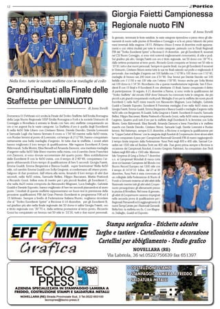 12
Domenica 01 Febbraio si è svolta la Finale del Trofeo Staffette dell’Emilia Romagna
della Lega Nuoto Regionale UISP Emilia Romagna a Forlì e la società Uninuoto di
Correggio e Novellara è entrata in finale con ben otto staffette conquistando un
oro e tre argenti fra le varie categorie. La Staffetta d’oro è quella degli Esordienti
A nella 4x50 Stile Libero con Cristiano Brioni, Davide Davolio, Davide Lorenzini
e Samuele Lugli che hanno fermato il crono a 1’56’’44 mentre nella 4x50 mista,
con Ruslan Iemmi al posto di Lorenzini, col tempo di 2’12’’69, hanno conquistato
nettamente una bella medaglia d’argento. In tutte due le staffette, i nostri atleti
hanno migliorato il loro tempo di qualificazione. Alle ragazze Esordienti A Greta
Aldrovandi, Sofia Morini, Elisa Berselli ed Amanda Zannoni, una meritata medaglia
d’argento nella 4x50 Stile libero mentre nella mista, con il cambio Irene Franchini
con Zannoni, si sono dovute accontentare del quarto posto. Altra soddisfazione
dalle Esordienti B con la 4x50 mista, con il tempo di 2’49’’49, conquistano l’ar-
gento abbassando il loro tempo di qualificazione di ben 5 secondi: Giorgia Faietti,
Emma Gualdi, Emma Bergamini e Bianca Gualdi.. super bravissime! Nella 4x50
stile, col cambio Emma Gualdi con Sofia Gregorat, si confermano all’ottavo posto.
Salgono di due posizioni, dall’ottava alla sesta, limando il loro tempo di altri due
secondi, nella 4x50 mista, Samuele Bellini, Filippo Baccarani, Mattia Pratissoli
e Riccardo Gozzi. Infine nota di merito per i più piccoli finalisti, gli Esordienti C,
che nella 4x25 mista composta da Alessandro Magnani, Luca Dallaglio, Gabriele
Gualdi e Daniele Esposito, hanno migliorato di ben tre secondi piazzandosi al sesto
posto. I risultati di queste staffette rappresentano un buon test in previsione delle
prossime qualificazioni FIN del Gran Premio Esordienti in programma l’08 ed il
15 febbraio. Sempre a livello di Federazione Italiana Nuoto, vogliamo ricordare
che al “Trofeo Esordienti Sprint” a Riccione il 14 dicembre, per gli Esordienti B,
sul gradino più alto nella finale regionale dei 50 dorso è salita Giorgia Faietti, oro
e titolo regionale con ‘39’’70 e, dalla settima postazione al terzo posto, Riccardo
Gozzi ha conquistato un bronzo nei 50 stile in ‘33’30, tutti e due nuovi personali.
GrandirisultatiallaFinaledelle
Staffette per UNINUOTO
di Anna Torelli
Nella foto: tutte le nostre staffette con le medaglie al collo
di Marco Faietti
Novellara (RE)
Via Labriola, 36 tel.0522/756639 fax 651397
Stampa serigrafica - Etichette adesive
Targhe e tastiere - Cartellonistica e decorazione
Cartellini per abbigliamento - Studio grafico
In gennaio, terminate le feste natalizie, le varie categorie riprendono a pieno ritmo gli alle-
namenti di nuoto nelle piscine di Novellara e Correggio e si fa un primo bilancio dei primi
mesi invernali della stagione 14/15. Abbiamo chiuso il mese di dicembre molti appunta-
menti e con ottimi risultati per tutte le nostre categorie: partendo con le Finali Regionali
FIN del “Trofeo Esordienti Sprint” a Riccione il 14 dicembre, per gli Esordienti B, tesserati
nel CSI Nuoto Correggio, si sono visti notevoli miglioramenti cronometrici, di stile e podi.
Sul gradino più alto, Giorgia Faietti con oro e titolo regionale, nei 50 dorso con ‘39’’70 e,
dalla settima postazione al terzo posto, Riccardo Gozzi conquista un bronzo nei 50 stile in
‘33’30, tutti e due nuovi personali. Sempre in queste finali, ma per gli Esordienti A tesserati
in Uninuoto, Cristiano Brioni centra tutte le sue tre finali salendo sul podio e migliorando il
personale: due medaglie d’argento nei 100 farfalla con 1’10’’80 e 100 dorso con 1’10’’40,
medaglia di bronzo nei 200 misti con 2’31’’90. Due bronzi per Davide Davolio nei 100
farfalla con 1’11’60 e nei 100 stile con l’ottimo 1’00’’80, bronzo anche per Sofia Morini
nei 100 dorso in 1’16’’30. Ricordiamo che a questa manifestazione regionale, ben 9 Esor-
dienti B con 15 finali e 8 Esordienti A con altrettante 15 finali, hanno conquistato il diritto
di partecipazione. Di seguito, il 21 dicembre a Parma, si sono svolte le qualificazioni del
“Trofeo Staffette” del circuito UISP dove Uninuoto ha convocato tutte le categorie, dai più
piccoli a più grandi conquistando molti podi. Medaglia d’oro per la staffetta dei nostri piccoli
Esordienti C nella 4x25 mista maschi con Alessandro Magnani, Luca Dallaglio, Gabriele
Gualdi e Daniele Esposito; Esordienti B Femmine medaglia d’oro nella 4x50 mista con
Giorgia Faietti, Emma Gualdi, Emma Bergamini e Bianca Gualdi e medaglia d’argento nella
4x50 stile con Bergamini, B.Gualdi, Sofia Gregorat e Faietti. Esordienti B maschi, Samuele
Bellini, Filippo Baccarani, Mattia Pratissoli e Riccardo Gozzi, nella 4x50 mista conquistano
l’argento. Quattro podi tutti d’oro per le staffette degli Esordienti A: le femmine con Sofia
Morini, Greta Aldrovandi, Elisa Berselli, Amanda Zannoni e Irene Franchini e le staffette
maschi con Davide Davolio, Cristiano Brioni, Samuele Lugli, Davide Lorenzini e Ruslan
Iemmi. Nel frattempo, sempre il 21 dicembre, a Riccione si svolgeva la qualificazione per
la “Coppa Caduti di Brema” con la categoria degli Assoluti di Coopernuoto dove alcuni atleti
hanno conquistato il pass per i Campionati Nazionali Giovanili FIN di marzo raggiungendo
il tempo limite imposto dalla Federazione: Yuna Preti negli 800 e 400 stile, Samuel Cor-
radini nei 1500 stile ed Andrea Trotti nei 400 stile. Due giorni prima sempre a Riccione in
occasione dei Campionati Assoluti, il nostro Gregorio Paltrinieri, ha conquistato due Titoli
Italiani negli 800 stile e 1500 stile. Memora-
bile l’impresa di Greg a Doha il 7 dicembre
u.s. ai Campionati Mondiali di vasca corta
dove si è laureato Campione del Mondo con
Nuovo Record Europeo nei 1500 stile con
il tempo di 14’16’’10. Infine, dal 27 al 30
dicembre, Yuna Preti è stata convocata ad
un collegiale della Federazione di Nuoto di
Fondo a Grosseto insieme ad altri atleti della
Nazionale mentre tutti gli altri atleti Cooper-
nuoto proseguivano gli allenamenti presso
la piscina di Novellara. Nel mese di gennaio,
gli atleti di Coopernuoto saranno impegnati
nella seconda prova di qualificazione per i
Regionali Primaverili ed il raggiungimento di
nuovi Tempi Limite per i Nazionali Giovanili.
Nella foto: la staffetta oro Es. C con Magna-
ni, Dallaglio, Gualdi ed Esposito.
Giorgia Faietti Campionessa
Regionale nuoto FIN
di Anna Torelli
 