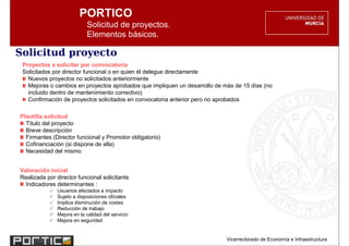 PORTICO
                            Solicitud de proyectos.
                            Elementos básicos.

Solicitud proyecto
 Proyectos a solicitar por convocatoria
 Solicitados por director funcional o en quien él delegue directamente
   Nuevos proyectos no solicitados anteriormente
   Mejoras o cambios en proyectos aprobados que impliquen un desarrollo de más de 15 días (no
   incluido dentro de mantenimiento correctivo)
   Confirmación de proyectos solicitados en convocatoria anterior pero no aprobados

Plantilla solicitud
  Título del proyecto
  Breve descripción
  Firmantes (Director funcional y Promotor obligatorio)
  Cofinanciación (si dispone de ella)
  Necesidad del mismo


Valoración inicial
Realizada por director funcional solicitante
  Indicadores determinantes :
               Usuarios afectados e impacto
               Sujeto a disposiciones oficiales
               Implica disminución de costes
               Reducción de trabajo
               Mejora en la calidad del servicio
               Mejora en seguridad


                                                                            Vicerrectorado de Economía e Infraestructura
 