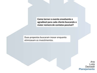 Como tornar o evento envolvente e agradável para cada cliente buscando o maior número de contatos possível?Duas propostas buscaram inovar enquanto otimizavam os investimentos.