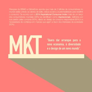 MKT
Pesquisa da BBMG e GlobeScan aponta que mais de 2 bilhões de consumidores no
mundo estão unindo os valores de estilo, status social e a sustentabilidade para redefinir
o consumo. De acordo com o 2014 Aspirational Consumer Index mais de um terço
dos consumidores mundiais (38%) se identificam como Aspiracionais, definidos por
sua paixão pelas compras (93%), aliado ao desejo de consumo responsável (95%) e a
necessidade de confiança em marcas que agem a favor dos interesses da sociedade
(50%).
"Quero dar arranque para a
nova economia, à diversidade
e o design de um novo mundo”.
 