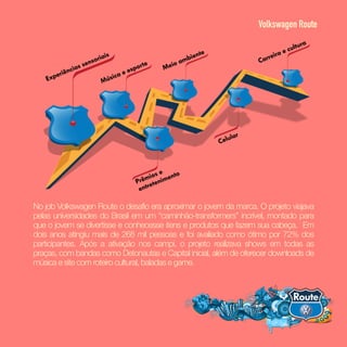 No job Volkswagen Route o desafio era aproximar o jovem da marca. O projeto viajava
pelas universidades do Brasil em um “caminhão-transformers” incrível, montado para
que o jovem se divertisse e conhecesse itens e produtos que fazem sua cabeça. Em
dois anos atingiu mais de 268 mil pessoas e foi avaliado como ótimo por 72% dos
participantes. Após a ativação nos campi, o projeto realizava shows em todas as
praças, com bandas como Detonautas e Capital inicial, além de oferecer downloads de
música e site com roteiro cultural, baladas e game.
Volkswagen Route
 