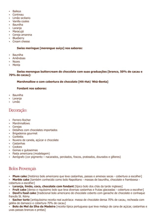 Ÿ   Baileys
Ÿ   Contreau
Ÿ   Limão siciliano
Ÿ   Vanilla cookie
Ÿ   Baunilha
Ÿ   Laranja
Ÿ   Maracujá
Ÿ   Cereja amarena
Ÿ   Blueberry
Ÿ   Cream cheese

       Swiss meringue [merengue suíço] nos sabores:

Ÿ   Baunilha
Ÿ   Amêndoas
Ÿ   Nozes
Ÿ   Menta

    Swiss merengue buttercream de chocolate com suas graduações [branco, 50% de cacau e
70% de cacau]:

       Marshmallow e com cobertura de chocolate [Hit-Hat/ Nhá-Benta]

       Fondant nos sabores:

Ÿ Baunilha
Ÿ Laranja
Ÿ Limão


Decoração:
Ÿ   Ferrero Rocher
Ÿ   Marshmallows
Ÿ   Cerejas
Ÿ   Detalhes com chocolates importados
Ÿ   Brigadeiros gourmet
Ÿ   Confettis
Ÿ   Nuvens de canela, açúcar e chocolate
Ÿ   Castanhas
Ÿ   Cookies
Ÿ   Gomas e guloseimas
Ÿ   Pasta americana (modelagem)
Ÿ   Aerógrafo (cor pigmento – nacarados, perolados, foscos, prateados, dourados e glíteres)



Bolos Provençais
Ÿ Plum cake [histórico bolo americano que leva castanhas, passas e ameixas secas - cobertura a escolher]
Ÿ Marble cake [também conhecido como bolo Napolitano - massas de baunilha, chocolate e framboesa -
cobertura a escolher]
Ÿ Laranja, limão, coco, chocolate com fondant [típico bolo dos chás da tarde ingleses]
Ÿ Fruit cake [denso e riquíssimo bolo que leva diversas castanhas e frutas glaceadas - cobertura a escolher]
Ÿ Devil's food cake [tradicional bolo americano de chocolate coberto com ganache de chocolate e conhaque
francês St. Rèmy
Ÿ Sacher torte [antiquíssima receita real austríaca: massa de chocolate densa 70% de cacau, recheada com
geléia de damasco e cobertura 70% de cacau]
Ÿ Bolo de Mel da Ilha da Madeira [receita típica portuguesa que leva melaço de cana de açúcar, castanhas e
uvas passas brancas e pretas]
 