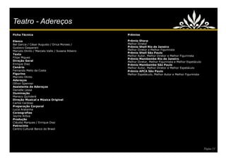 Teatro - Adereços
Ficha Técnica                                     Prêmios

Elenco                                            Prêmio Sharp
Bel Garcia / César Augusto / Drica Moraes /       Melhor Diretor
Gustavo Gasparani                                 Prêmio Shell Rio de Janeiro
Marcelo Olinto / Marcelo Valle / Susana Ribeiro   Melhor Diretor e Melhor Figurinista
                                                  Prêmio Shell São Paulo
Texto
                                                  Melhor Autor, Melhor Diretor e Melhor Figurinista
Filipe Miguez
                                                  Prêmio Mambembe Rio de Janeiro
Direção Geral                                     Melhor Diretor, Melhor Figurinista e Melhor Espetáculo
Enrique Diaz                                      Prêmio Mambembe São Paulo
Cenário                                           Melhor Autor, Melhor Diretor e Melhor Espetáculo
Fernando Mello da Costa                           Prêmio APCA São Paulo
Figurino                                          Melhor Espetáculo, Melhor Autor e Melhor Figurinista
Marcelo Olinto
Adereços
Othon Spenner
Assistente de Adereços
Danielle Lessa
Iluminação
Maneco Quinderé
Direção Musical e Música Original
Carlos Cardoso
Preparação Corporal
Lucia Aratanha
Coreografias
Jayme Arôxa
Produção
Cláudia Marques / Enrique Diaz
Patrocínio
Centro Cultural Banco do Brasil




                                                                                                           Página 11
 