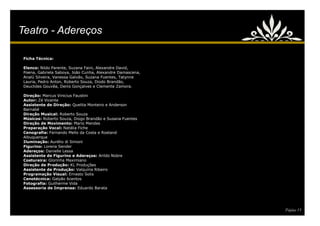 Teatro - Adereços

 Ficha Técnica:

 Elenco: Nildo Parente, Suzana Faini, Alexandre David,
 Poena, Gabriela Saboya, João Cunha, Alexandre Damascena,
 Analú Silveira, Vanessa Galvão, Suzana Fuentes, Tatynne
 Lauria, Pedro Anton, Roberto Souza, Diodo Brandão,
 Deuclides Gouvêa, Denis Gonçalves e Clemente Zamora.

 Direção: Marcus Vinicius Faustini
 Autor: Zé Vicente
 Assistente de Direção: Quelita Monteiro e Anderson
 Barnabé
 Direção Musical: Roberto Souza
 Músicos: Roberto Souza, Diogo Brandão e Susana Fuentes
 Direção de Movimento: Mario Mendes
 Preparação Vocal: Natália Fiche
 Cenografia: Fernando Mello da Costa e Rostand
 Albuquerque
 Iluminação: Aurélio di Simoni
 Figurino: Lorena Sender
 Adereços: Danielle Lessa
 Assistente de Figurino e Adereços: Arildo Nobre
 Costureira: Glorinha Maximiano
 Direção de Produção: KL Produções
 Assistente de Produção: Valquíria Ribeiro
 Programação Visual: Ernesto Solis
 Cenotécnica: Galpão 6centos
 Fotografia: Guilherme Vida
 Assessoria de Imprensa: Eduardo Barata




                                                            Página 15
 