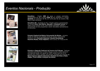 Eventos Nacionais - Produção

             DançAtiva - Projeto IBM de apoio a grupos premiados,
             apresentando em 98 o grupo CENA 11 em novembro e o grupo
             QUASAR em dezembro de 98, em turnê pelo Rio de Janeiro, São
             Paulo e Belo Horizonte

             DançAtiva 99 - Ampliado em 99, o Projeto realizou apresentações
             dos grupos Grial, Ana Vitória, Stacatto e Chamecki Lerner no
             Teatro Carlos Gomes no Rio, para realizar gravações visando a
             apresentação de dois programas a serem veiculados nacionalmente
             no Multishow.




             Primeiro Festival de Música Intrumental de Búzios - primeira
             edição do festival com grandes nomes da música instrumental
             brasileira como Hermeto Paschoal, Claudio Dauelsberg,
             Paulinho Moska, Victor Biglione, entre outros, em março de 99.




             Primeiro e Segundo Festivais de Inverno de Friburgo - Festivais
             realizados pela Dell'Arte no Nova Friburgo Country Clube, tendo em
             sua segunda edição, em agosto de 1999, atraído mais de 20 mil
             pessoas para verem, durante uma semana, atrações que variaram de
             Nana Caymmi, Egberto Gismonti e Paulinho da Viola a Pablo
             Ziegler, Franz Halasz e Serguei Girchenko.




                                                                                  Página 25
 
